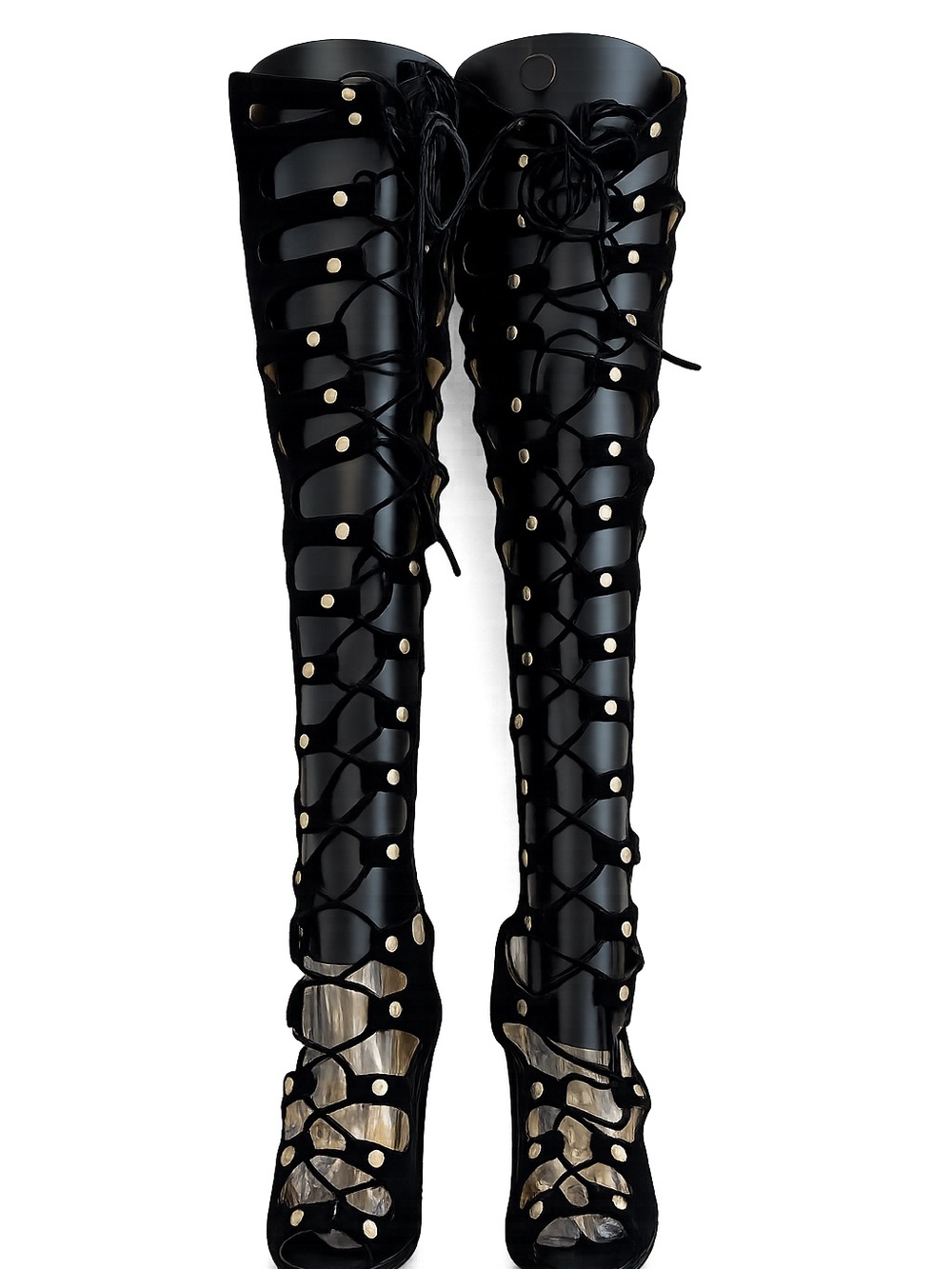 Suede Black Lace-Up Over-the-Knee Gladiator Heels